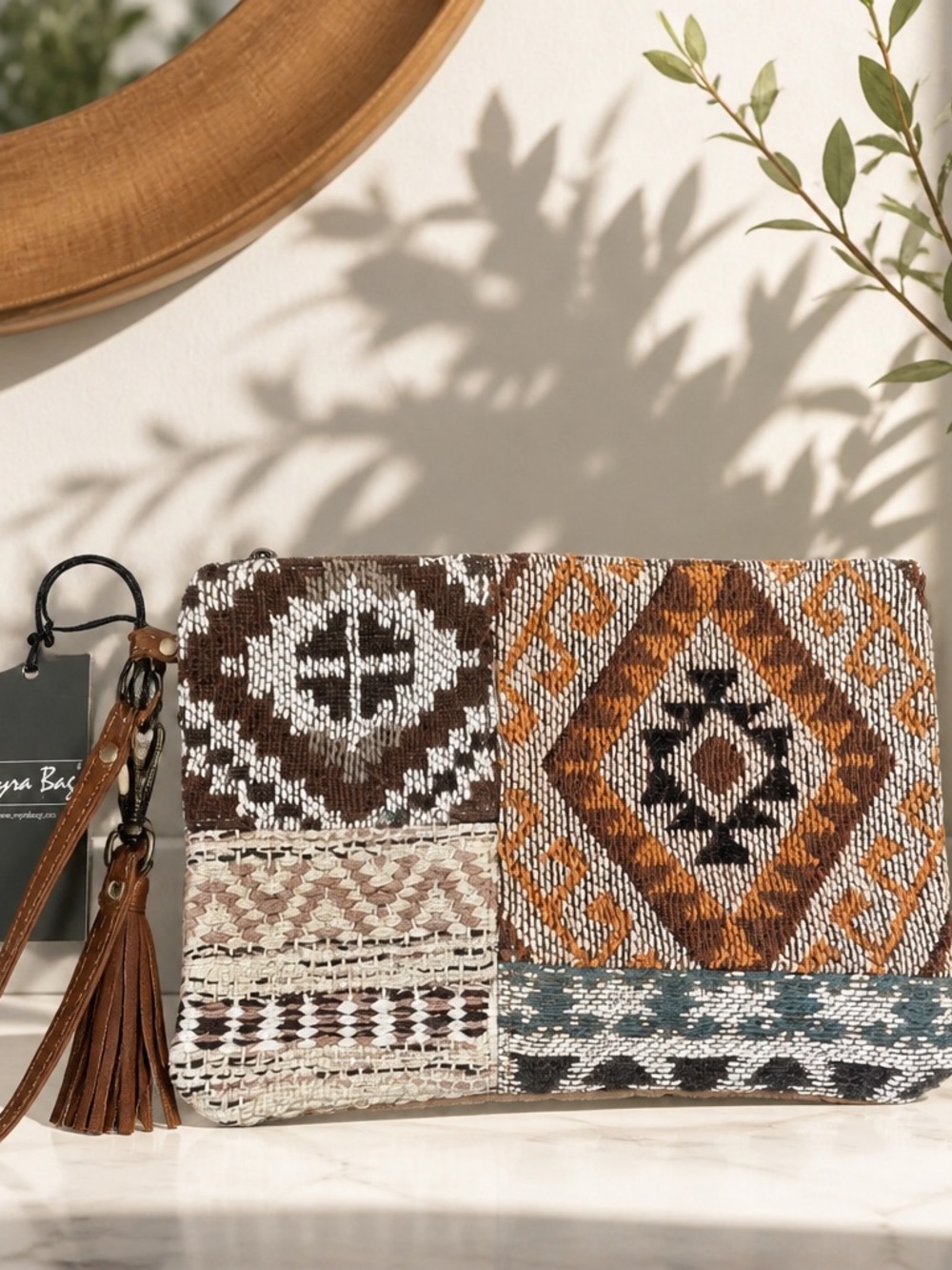 Myra Bag Handwoven Boho Patchwork Clutch in Brown, Tan & Blue-Grey